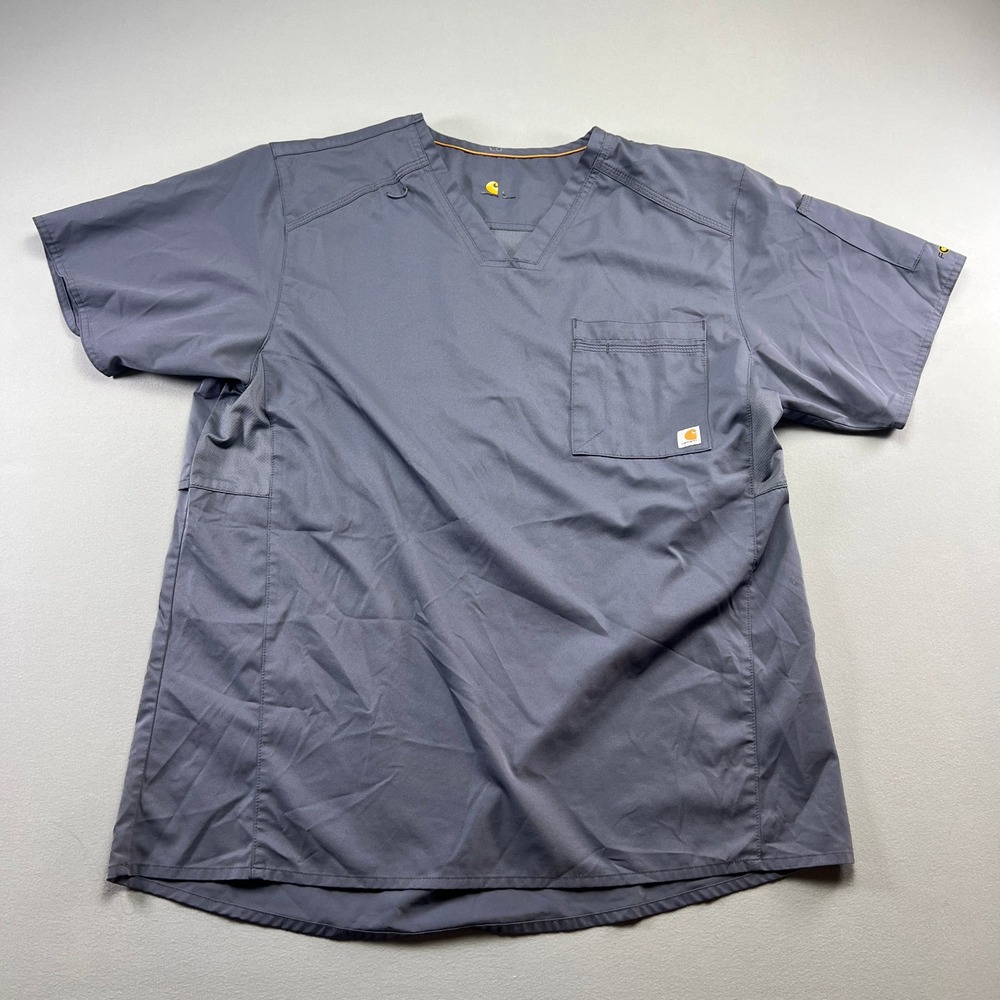 Carhartt Scrub Top Mens L Charcoal Gray Stretch Chest Pocket Medical Uniform